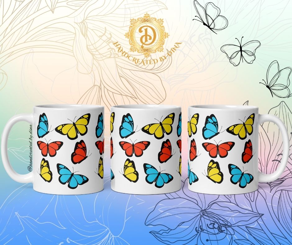 Glossy White Butterfly Mug, Coffee Mug Gift, Ceramic Tea Cup, Personalised Mug, Custom Drinkware, Dishwasher Safe, Microwave Friendly