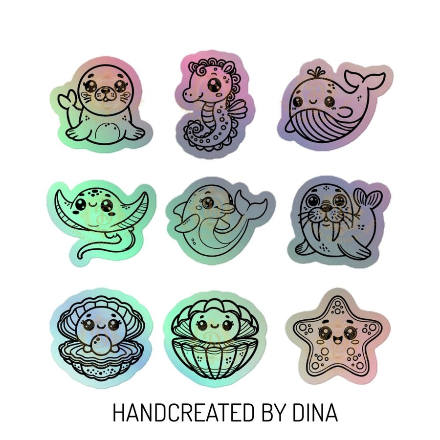 Sea Creature Holographic Stickers, Kiss Cut Ocean Theme Vinyl Stickers