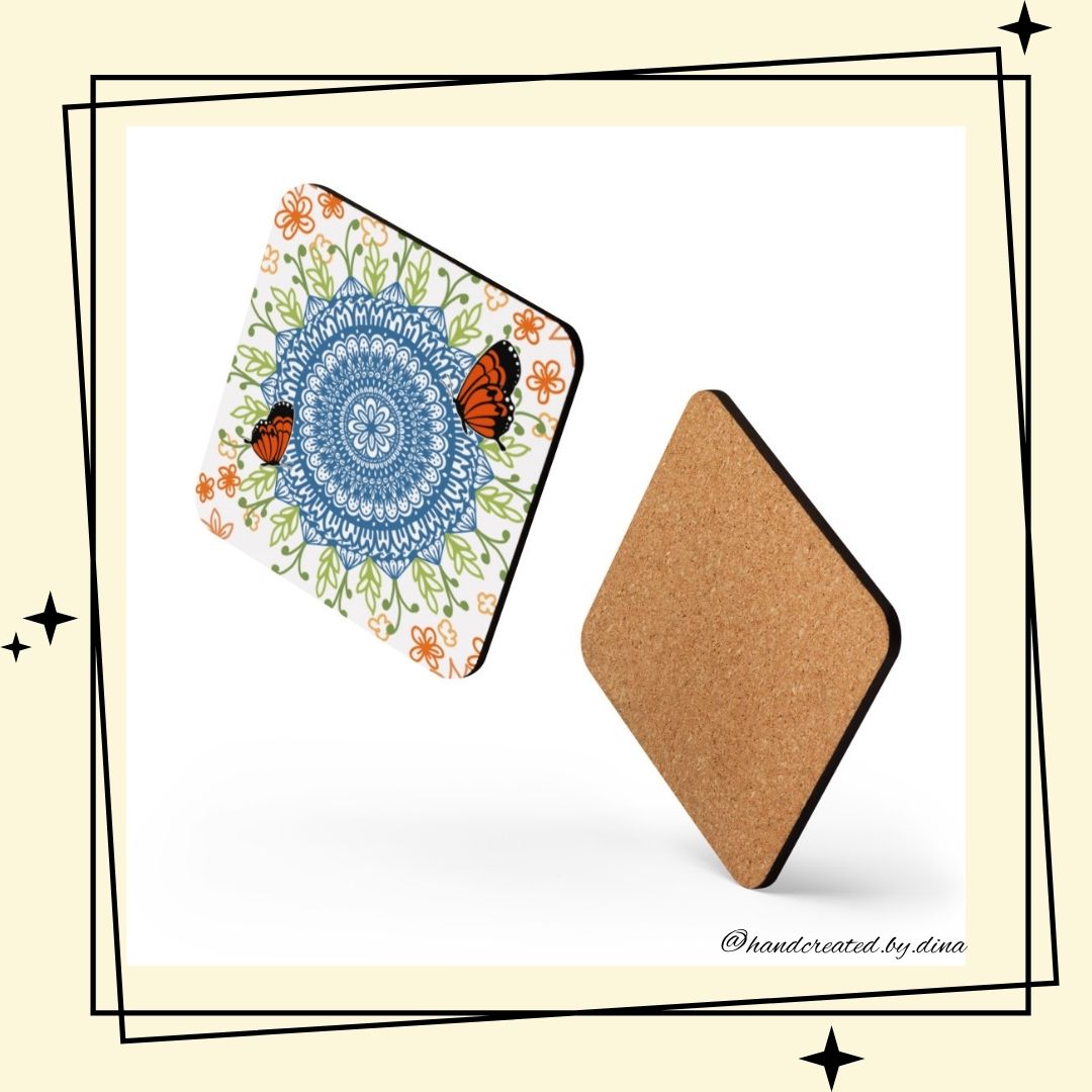 Mandala Cork-Back Coaster Set, Eco-Friendly Natural Wood Drink Coasters for Home Bar Decor, Perfect Housewarming Gift
