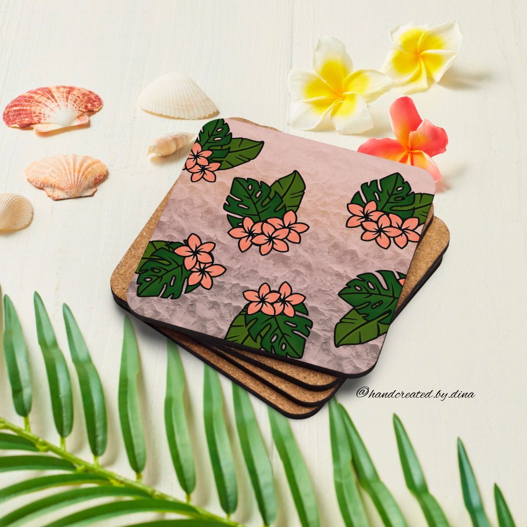 Square Tropical Cork-back Coaster, Coffee Coaster, Protective Drink Pad, Absorbent Coaster, Dining Table, Kitchen Gift