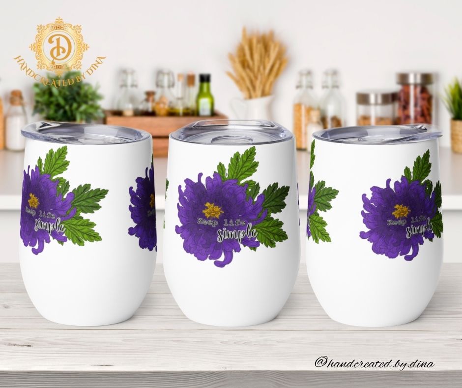 Chrysanthemum Wine Tumbler, Camping Wine Mug, Insulated Wine Cup, Portable Wine Tumbler, Stainless Steel Glass, Wine Gifts