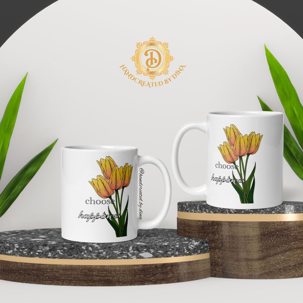 Tulip White Glossy Mug, Modern Ceramic Cup for Everyday Use, Best Gift for Tea Aficionados or Personalised Presents