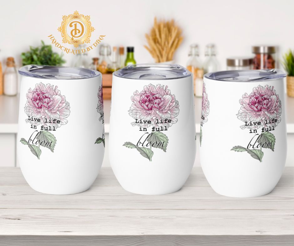 Peony Wine Tumbler, Personalised Insulated Cup for Enjoying Beverages on the go, Ideal Gift for Birthdays or Housewarming events.