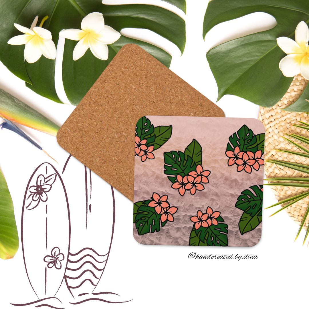 Square Tropical Cork-back Coaster, Coffee Coaster, Protective Drink Pad, Absorbent Coaster, Dining Table, Kitchen Gift