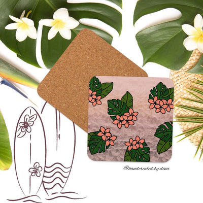 Square Tropical Cork-back Coaster, Coffee Coaster, Protective Drink Pad, Absorbent Coaster, Dining Table, Kitchen Gift