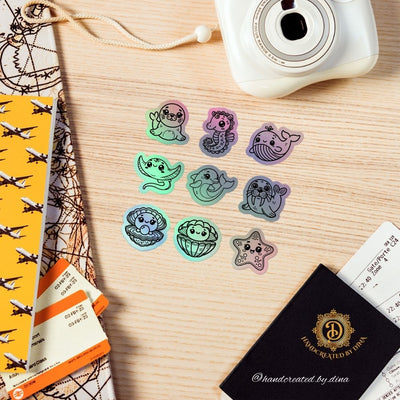 Sea Creature Holographic Stickers, Kiss Cut Ocean Theme Vinyl Stickers