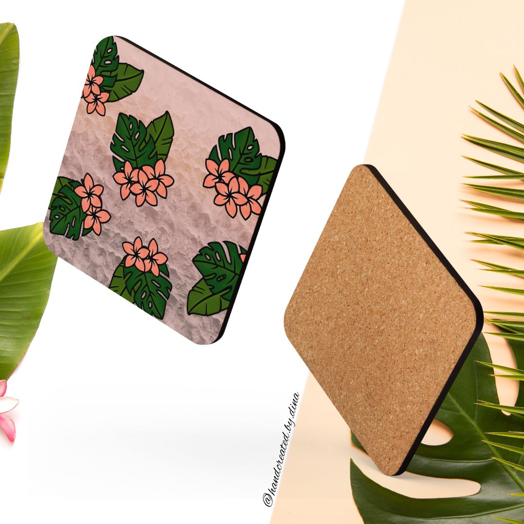 Square Tropical Cork-back Coaster, Coffee Coaster, Protective Drink Pad, Absorbent Coaster, Dining Table, Kitchen Gift