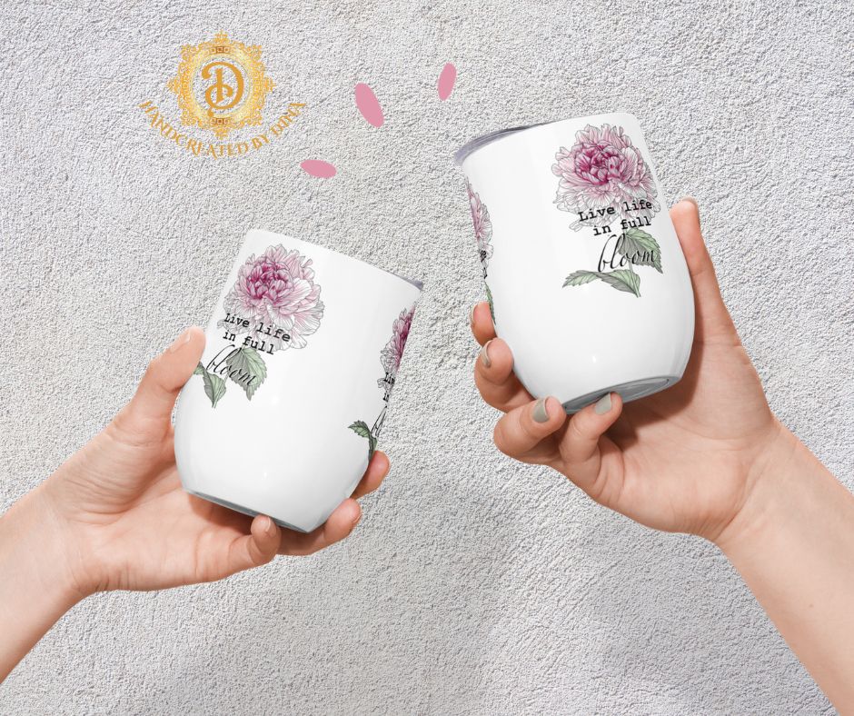 Peony Wine Tumbler, Personalised Insulated Cup for Enjoying Beverages on the go, Ideal Gift for Birthdays or Housewarming events.