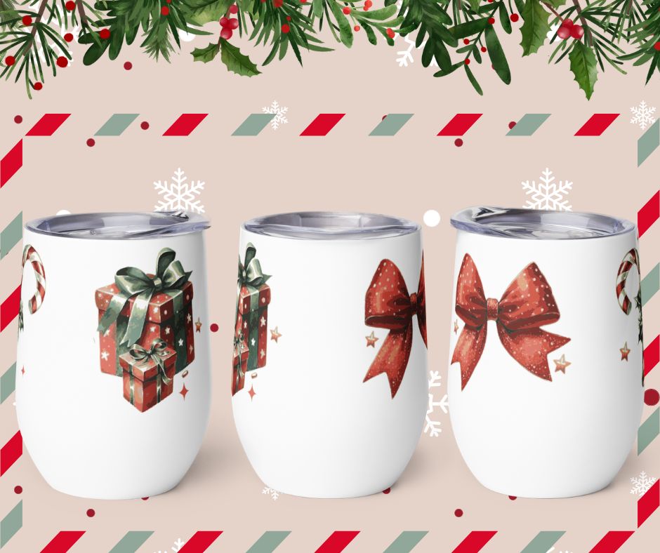 Christmas Graphic Insulated Wine Tumbler, Stainless Steel Tumbler, Travel Tumbler, Wine Enthusiast Gift, Reusable Wine Cup, Portable