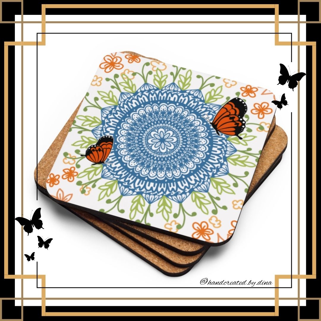 Mandala Cork-Back Coaster Set, Eco-Friendly Natural Wood Drink Coasters for Home Bar Decor, Perfect Housewarming Gift
