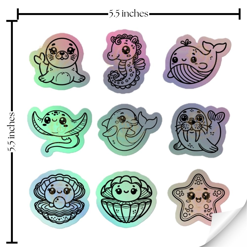 Sea Creature Holographic Stickers, Kiss Cut Ocean Theme Vinyl Stickers