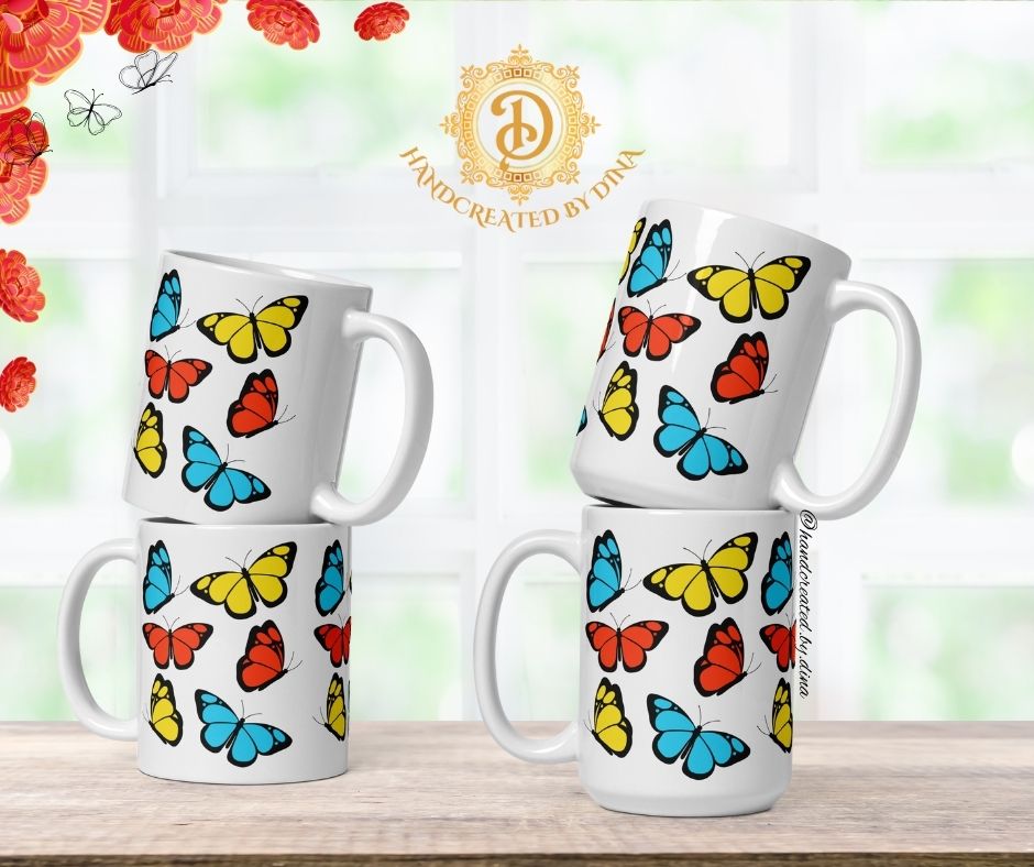 Glossy White Butterfly Mug, Coffee Mug Gift, Ceramic Tea Cup, Personalised Mug, Custom Drinkware, Dishwasher Safe, Microwave Friendly