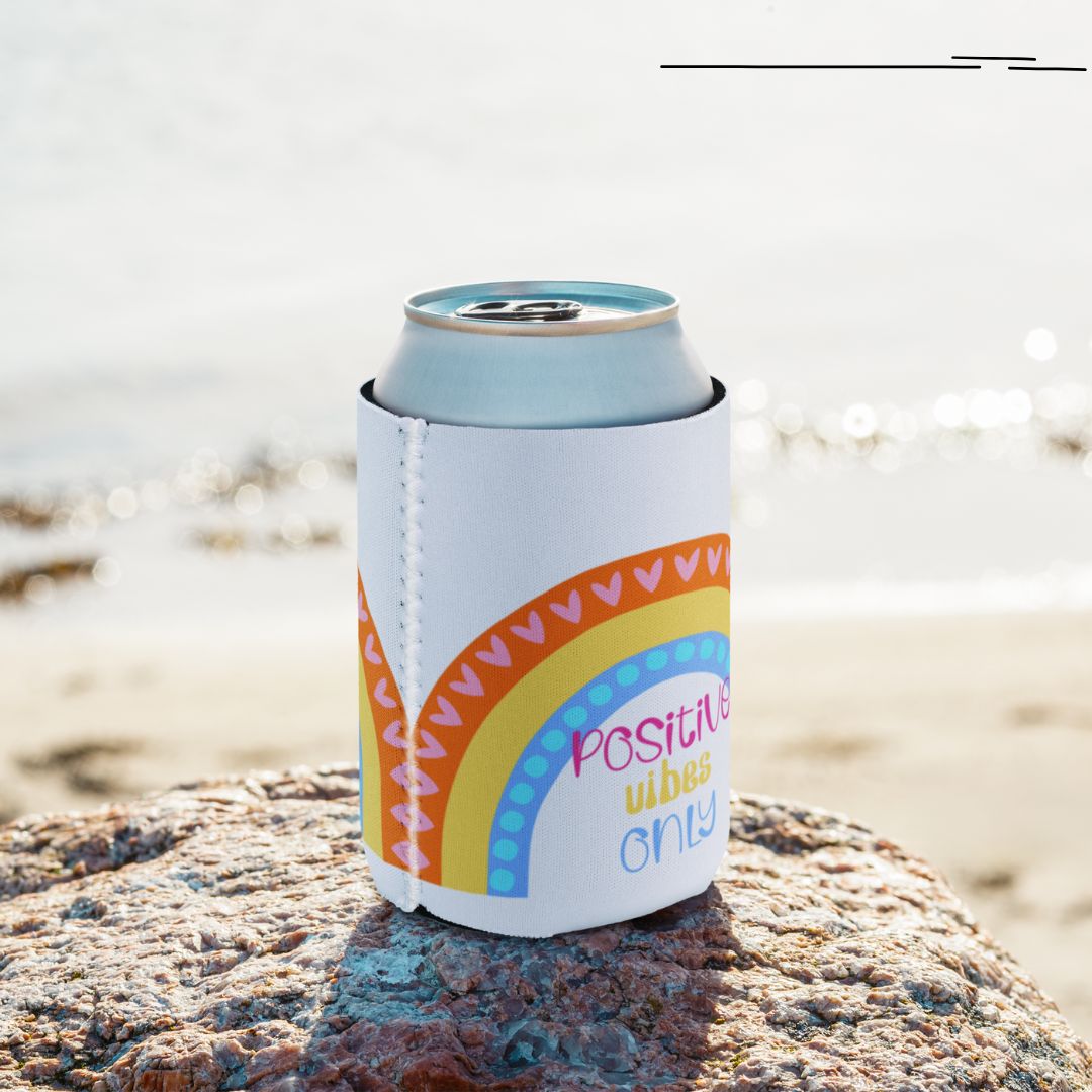 Positive Rainbow Drink Can Cooler, Insulated Can Holder, Beer Sleeve, Beverage Koozie, Picnic Accessory, Tailgate Drink Holder, Summer Essential