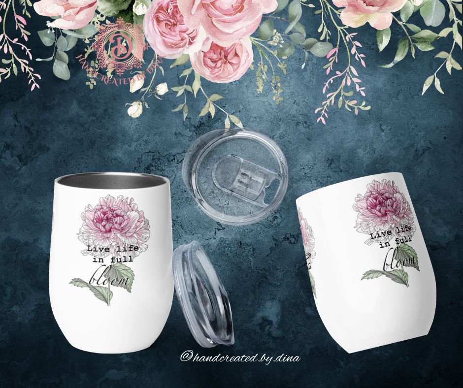 Peony Wine Tumbler, Personalised Insulated Cup for Enjoying Beverages on the go, Ideal Gift for Birthdays or Housewarming events.
