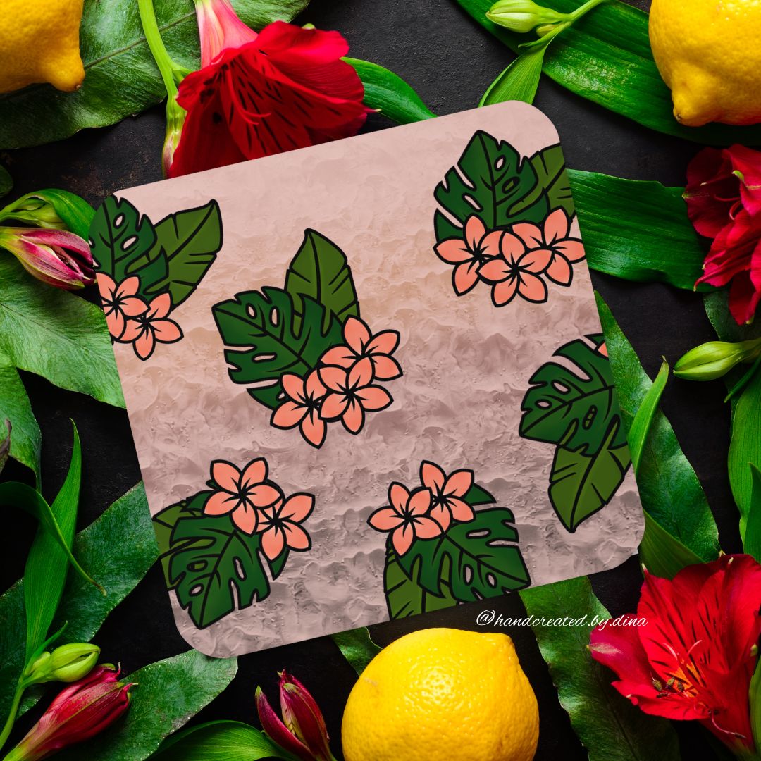 Square Tropical Cork-back Coaster, Coffee Coaster, Protective Drink Pad, Absorbent Coaster, Dining Table, Kitchen Gift