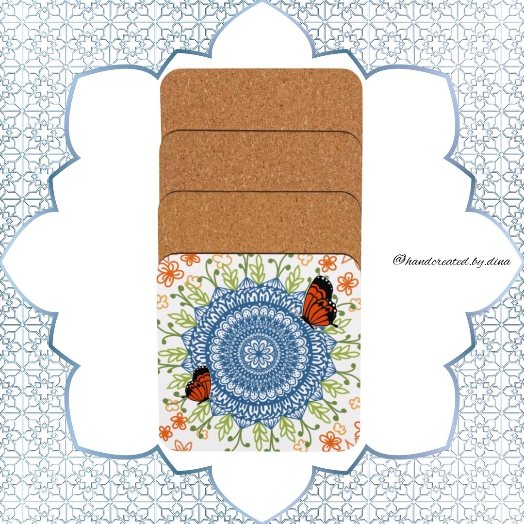 Mandala Cork-Back Coaster Set, Eco-Friendly Natural Wood Drink Coasters for Home Bar Decor, Perfect Housewarming Gift