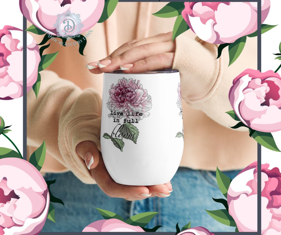 Peony Wine Tumbler, Personalised Insulated Cup for Enjoying Beverages on the go, Ideal Gift for Birthdays or Housewarming events.