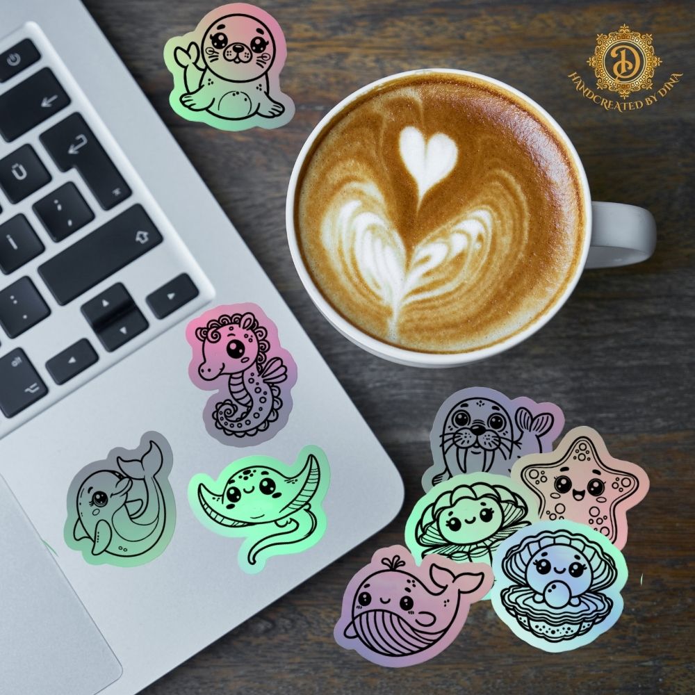 Sea Creature Holographic Stickers, Kiss Cut Ocean Theme Vinyl Stickers