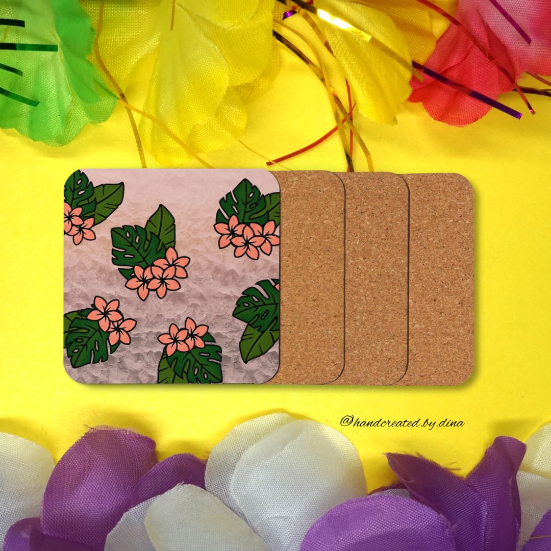 Square Tropical Cork-back Coaster, Coffee Coaster, Protective Drink Pad, Absorbent Coaster, Dining Table, Kitchen Gift
