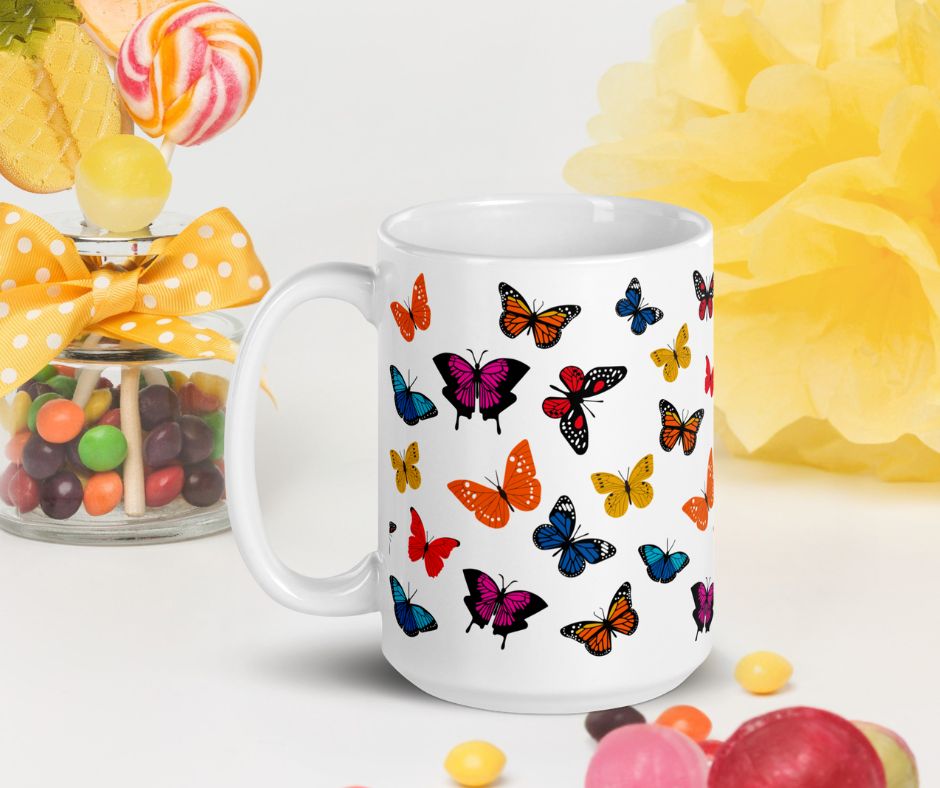 Glossy White Butterfly Mug, Elegant Coffee Cup for Tea Lovers, Ideal Gift for Co-Workers