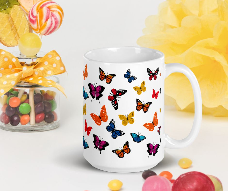 Glossy White Butterfly Mug, Elegant Coffee Cup for Tea Lovers, Ideal Gift for Co-Workers