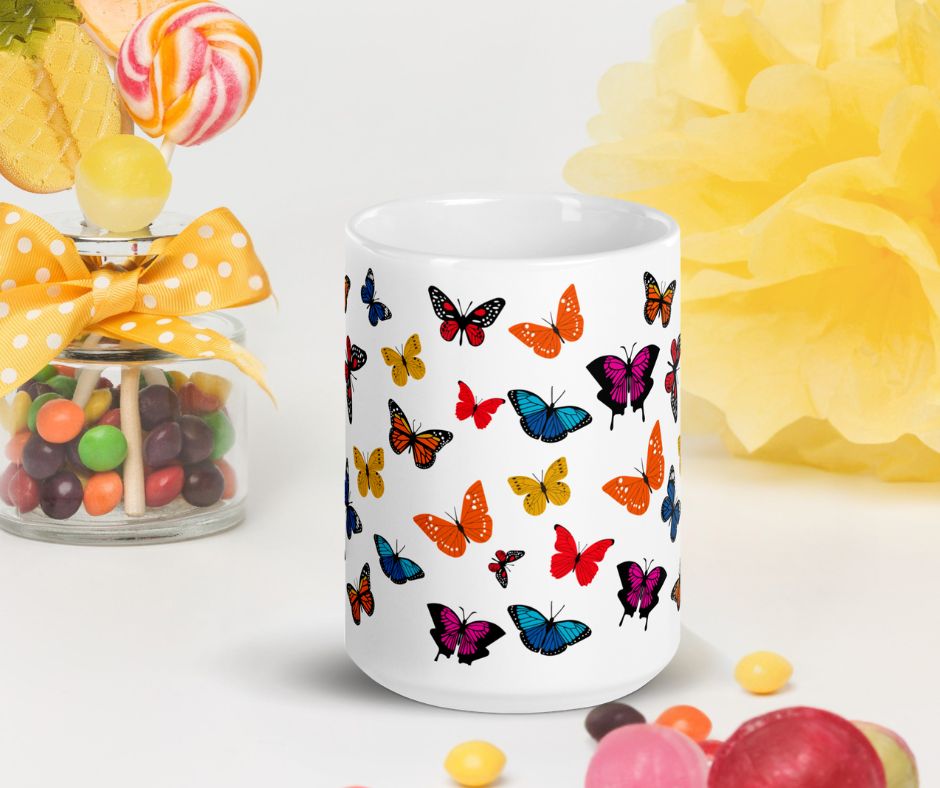 Glossy White Butterfly Mug, Elegant Coffee Cup for Tea Lovers, Ideal Gift for Co-Workers