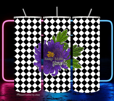 Three black and white checkered tumblers with a purple flower design and 'Keep life simple' text.