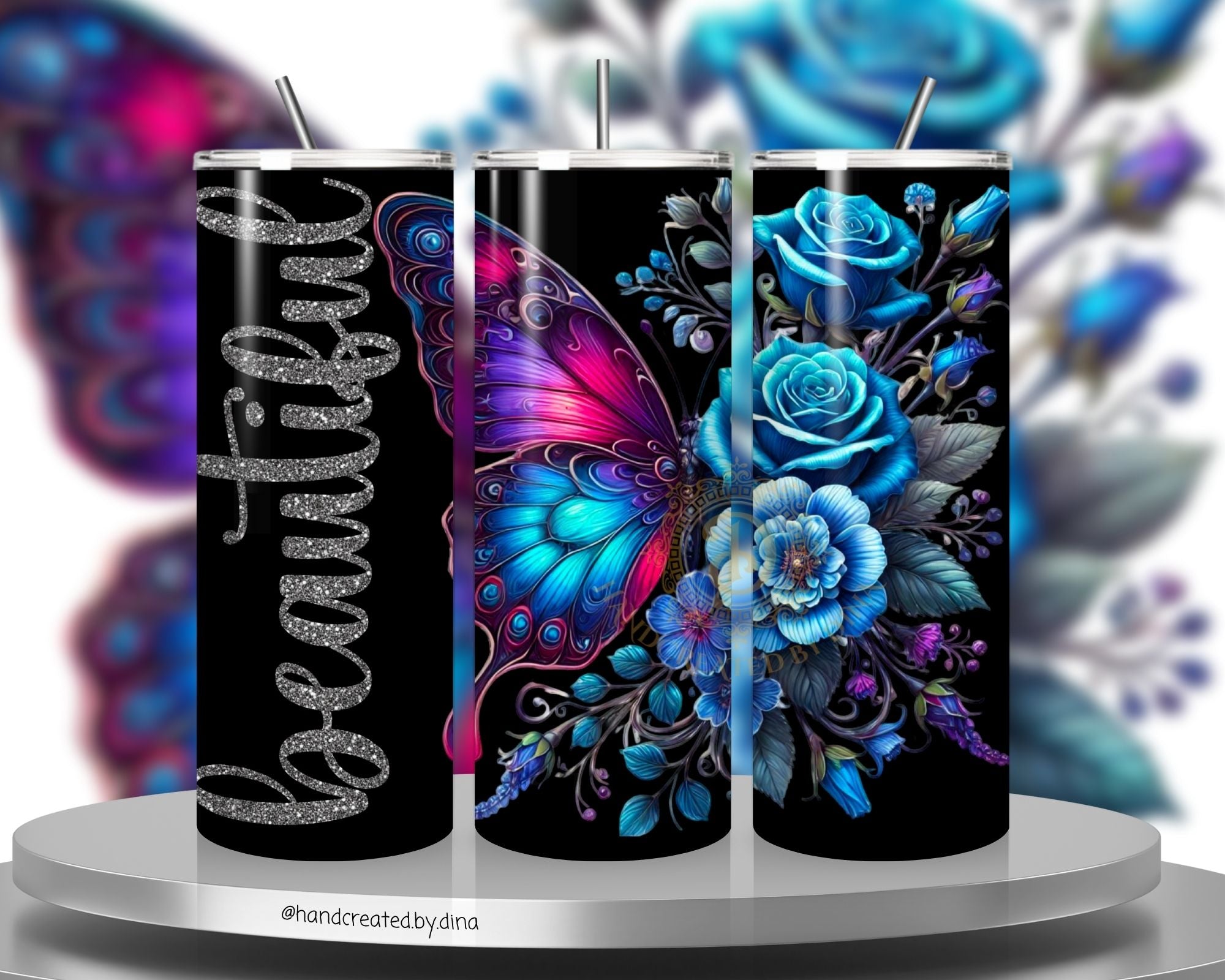 Floralfly (Blue) Stainless Steel Tumbler, Durable Water Bottle for Everyday Hydration, Unique Gift Idea for Outdoor Adventurers