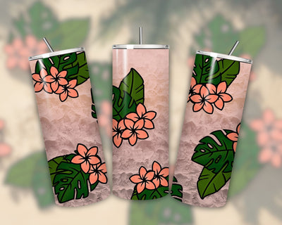 Set of three tumblers with floral and leaf design on a beige background