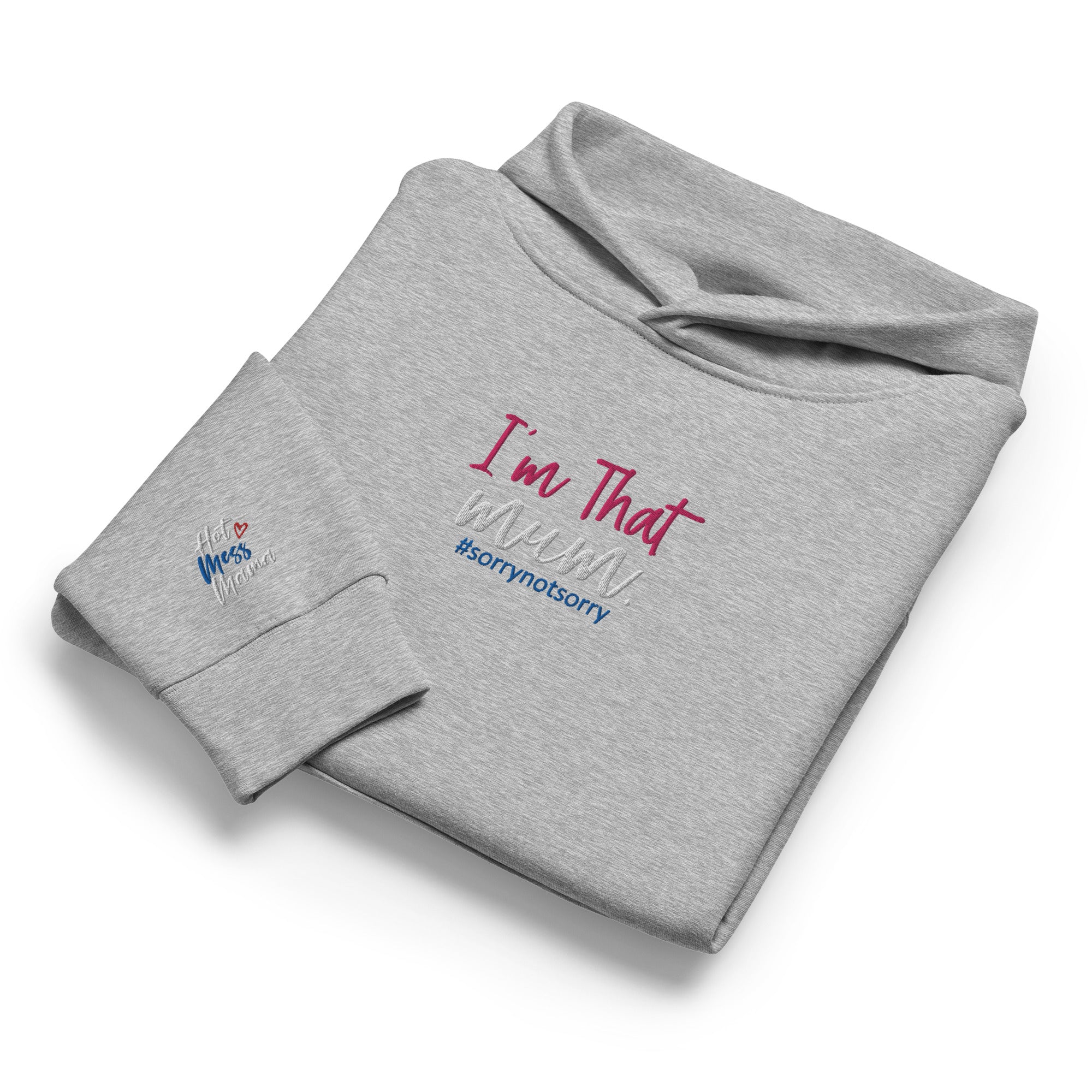 Folded grey sweatshirt with 'I'm That Mum' text and embroidered sleeve on a white background