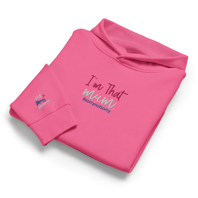 Folded pink sweatshirt with 'I'm That Mum' text and embroidered sleeve on a white background