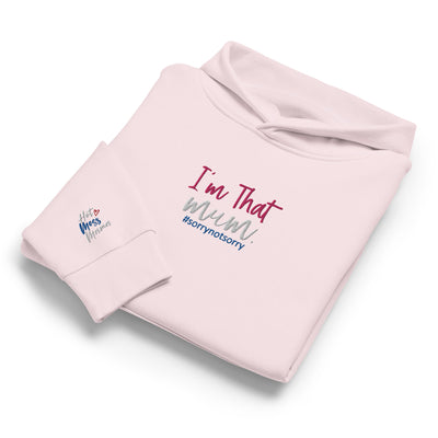Pink sweatshirt with 'I'm That Mum' text and embroidered sleeve on a white background