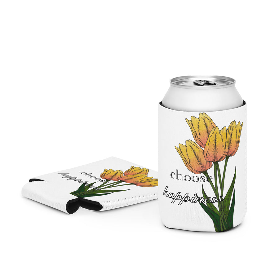 Can cooler with yellow tulips and 'choose happiness' text on a white background