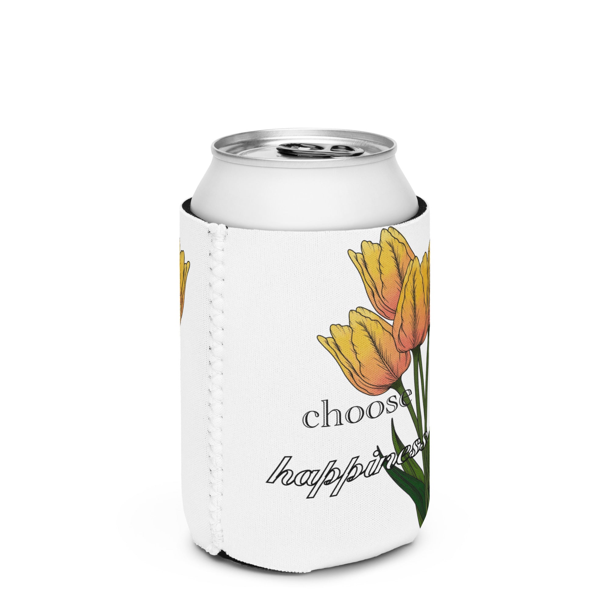White can cooler with tulip design and 'choose happiness' text on a white background