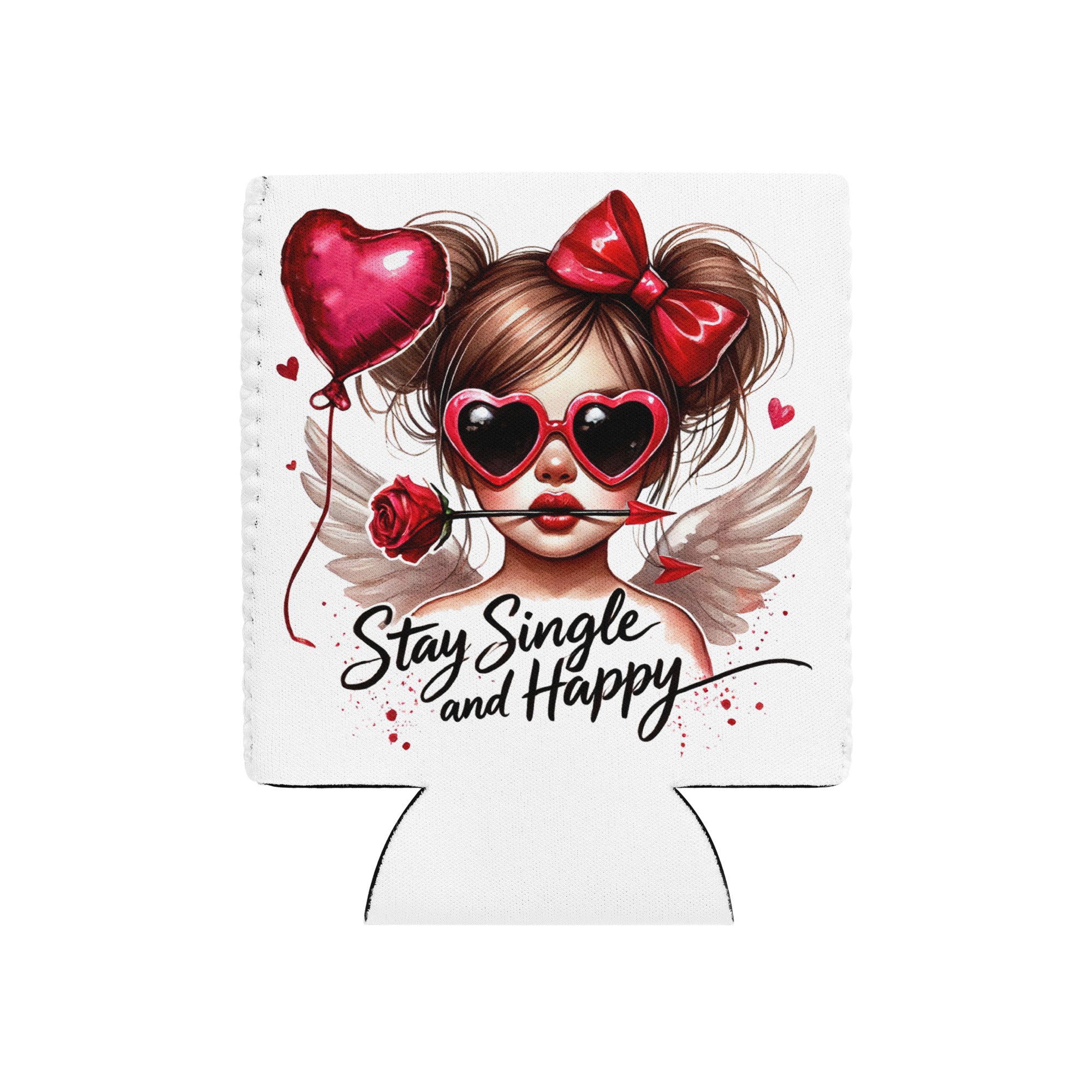 Can cooler with a design of a girl with heart-shaped sunglasses and balloons, text 'Stay Single and Happy'.