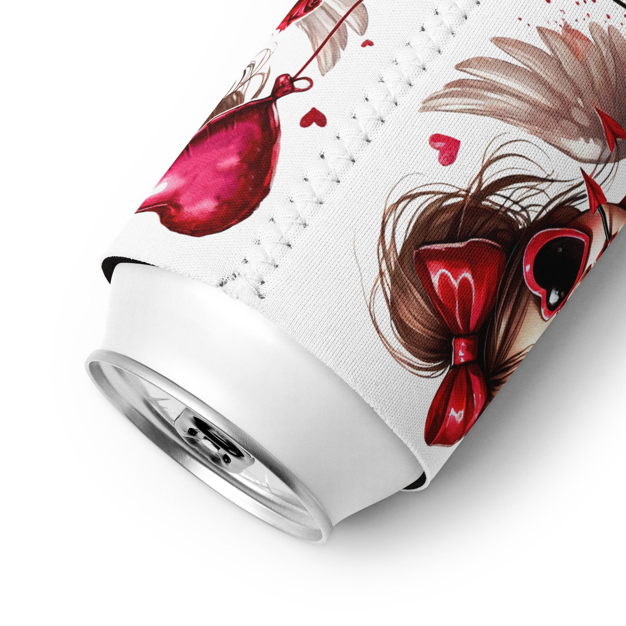 White can in side a can cooler with artistic design of a girl with brown hair and red bow on a white background