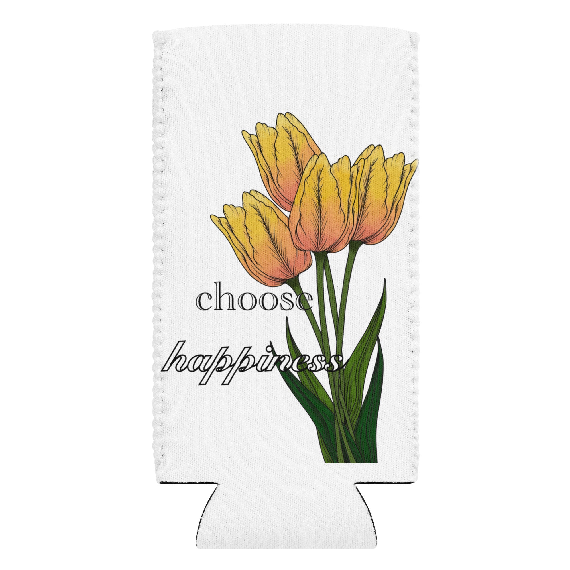 White can cooler with yellow tulips and 'choose happiness' text on a white background