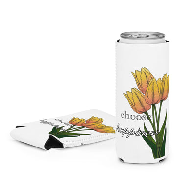 White can cooler with yellow tulips and motivational text on a white background