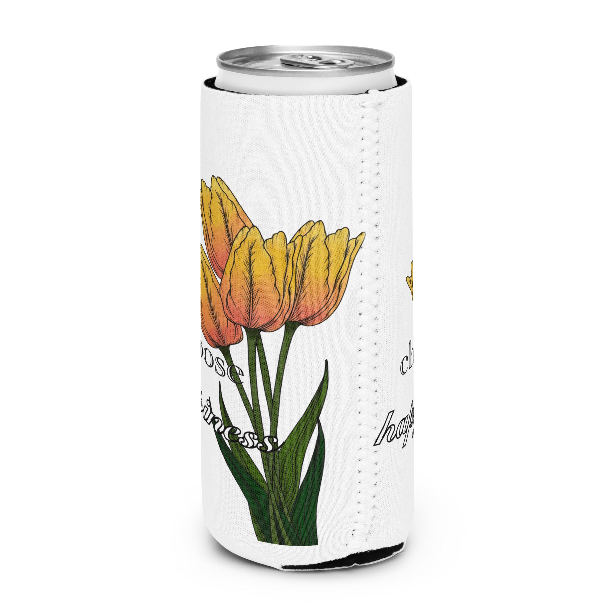 White can cooler with yellow tulips and text on a white background