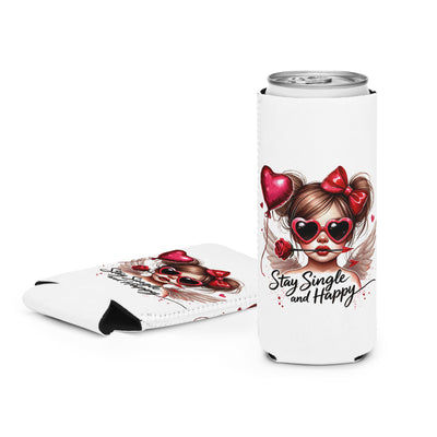 White can cooler with a design of a girl with heart-shaped glasses and text 'Stay Single and Happy' on a white background.