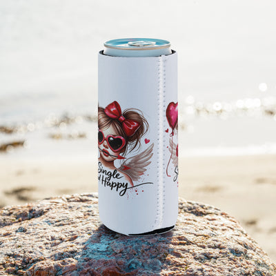 Can cooler with a design of a girl with wings and text 'Single & Happy' on a beach.