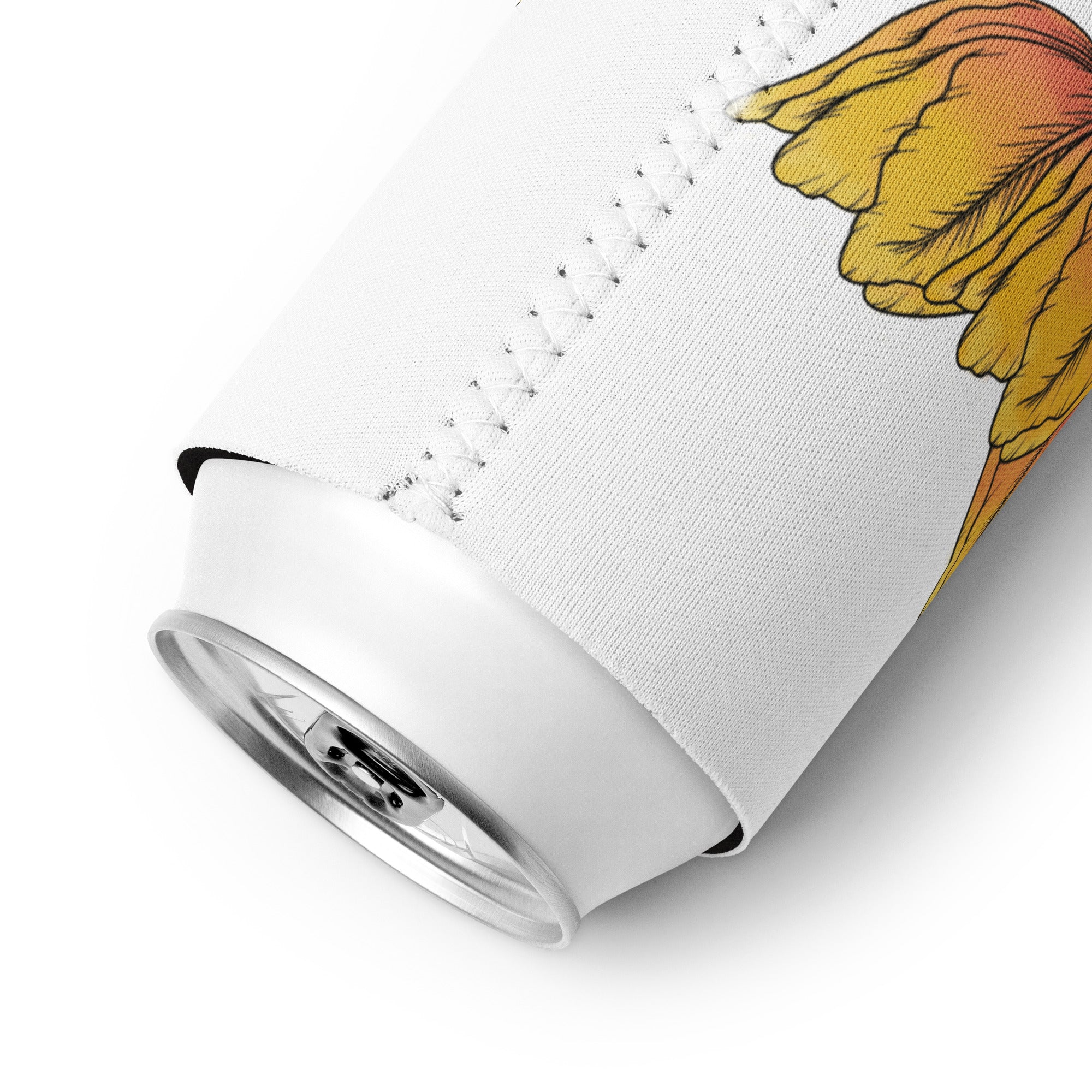 White can cooler with a yellow flower design on a white background
