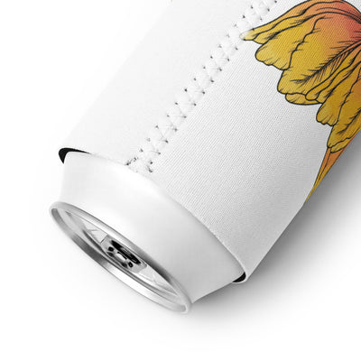 White can cooler with a yellow flower design on a white background