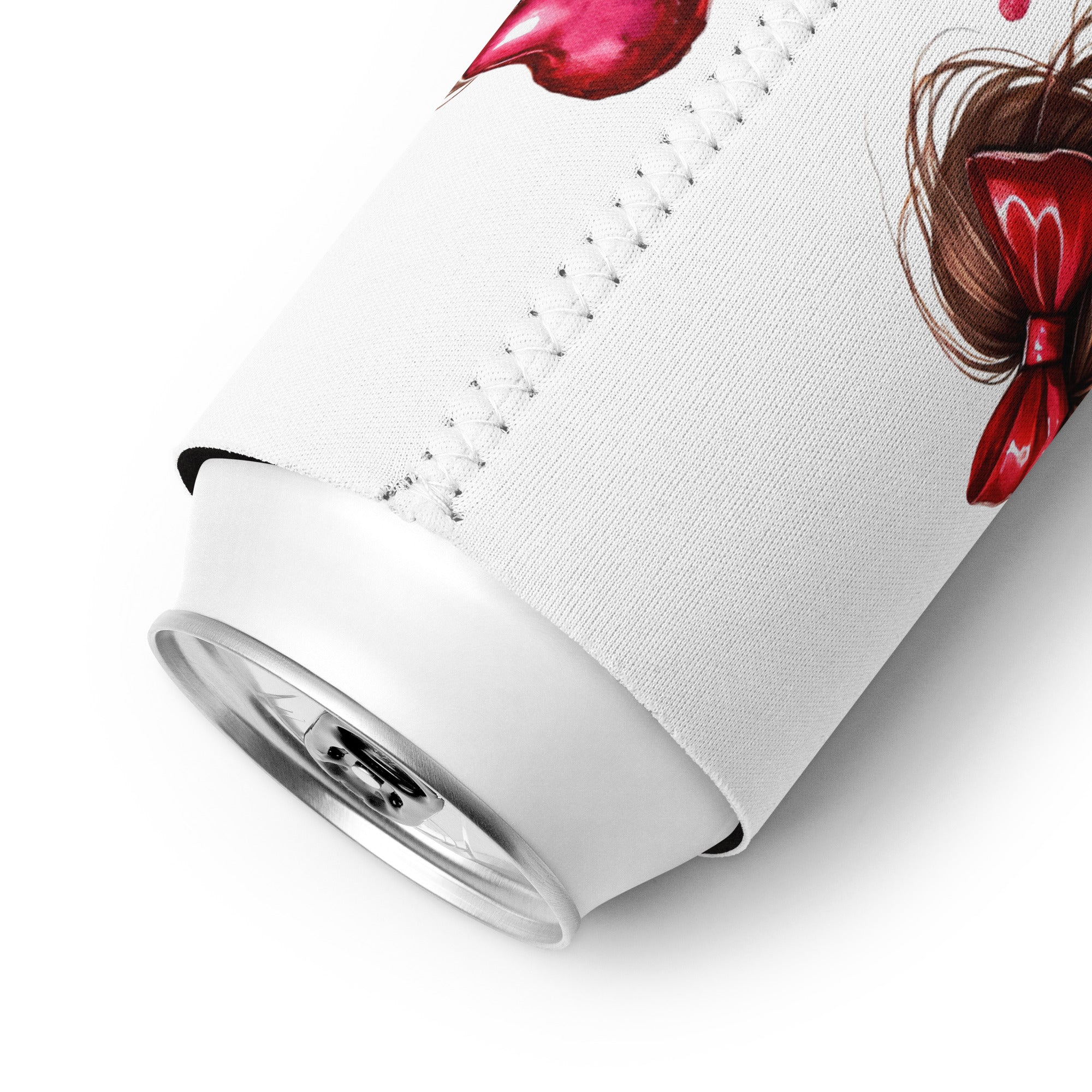 White can cooler with red and brown design on a white background