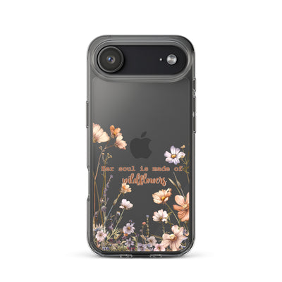 Phone case with floral design and text 'her soul is made of wildflowers' on a white background for iPhone 17 air