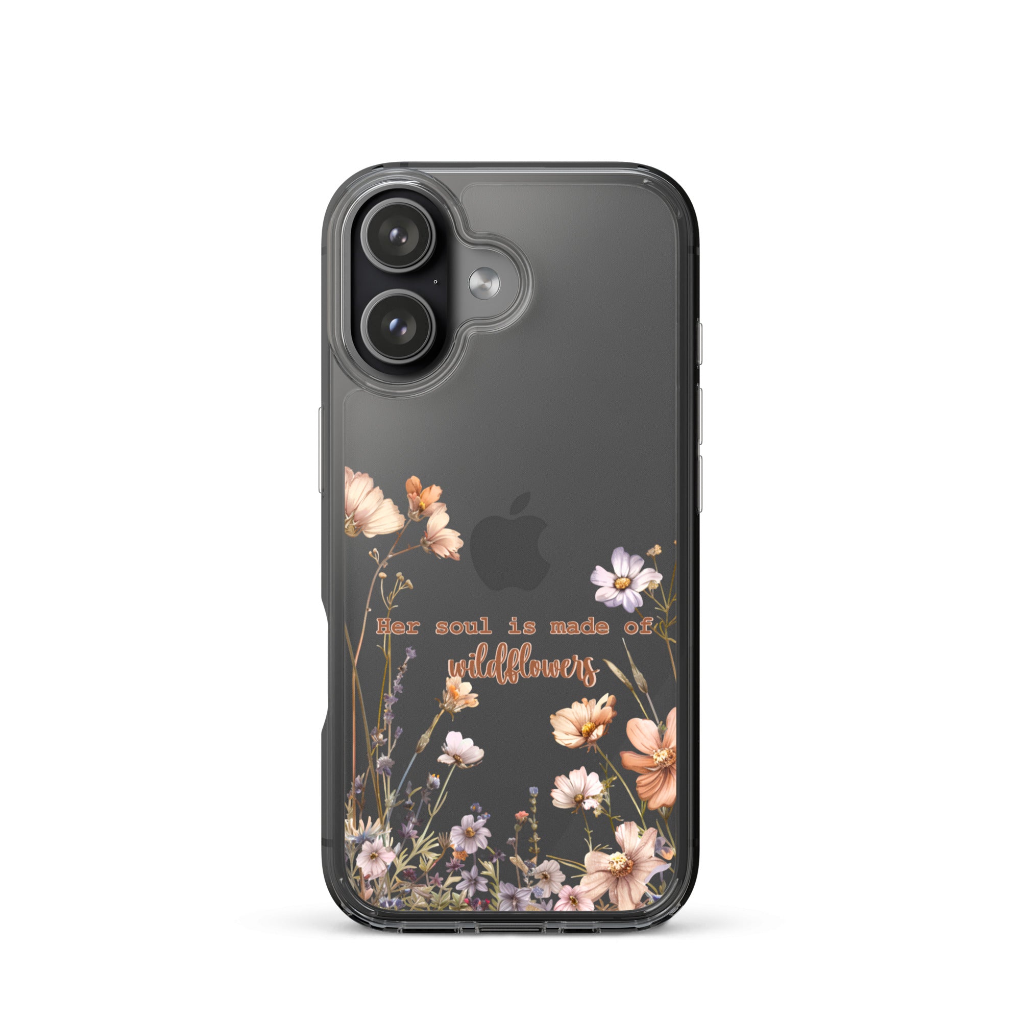 Phone case with floral design and text 'her soul is made of wildflowers' on a white background for iPhone 17