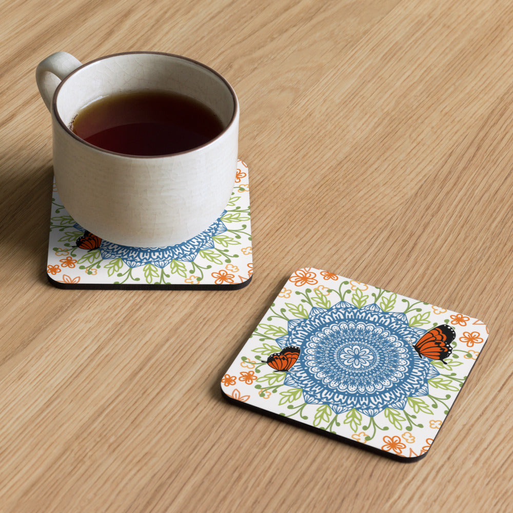 Mandala Cork-Back Coaster Set, Eco-Friendly Natural Wood Drink Coasters for Home Bar Decor, Perfect Housewarming Gift
