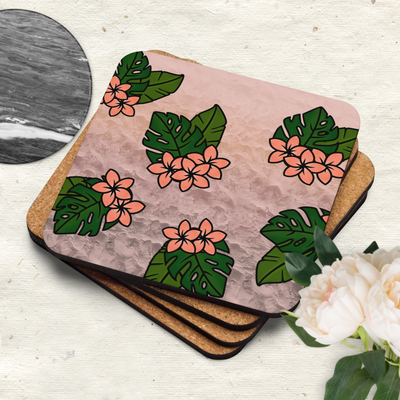 Square Tropical Cork-back Coaster, Coffee Coaster, Protective Drink Pad, Absorbent Coaster, Dining Table, Kitchen Gift