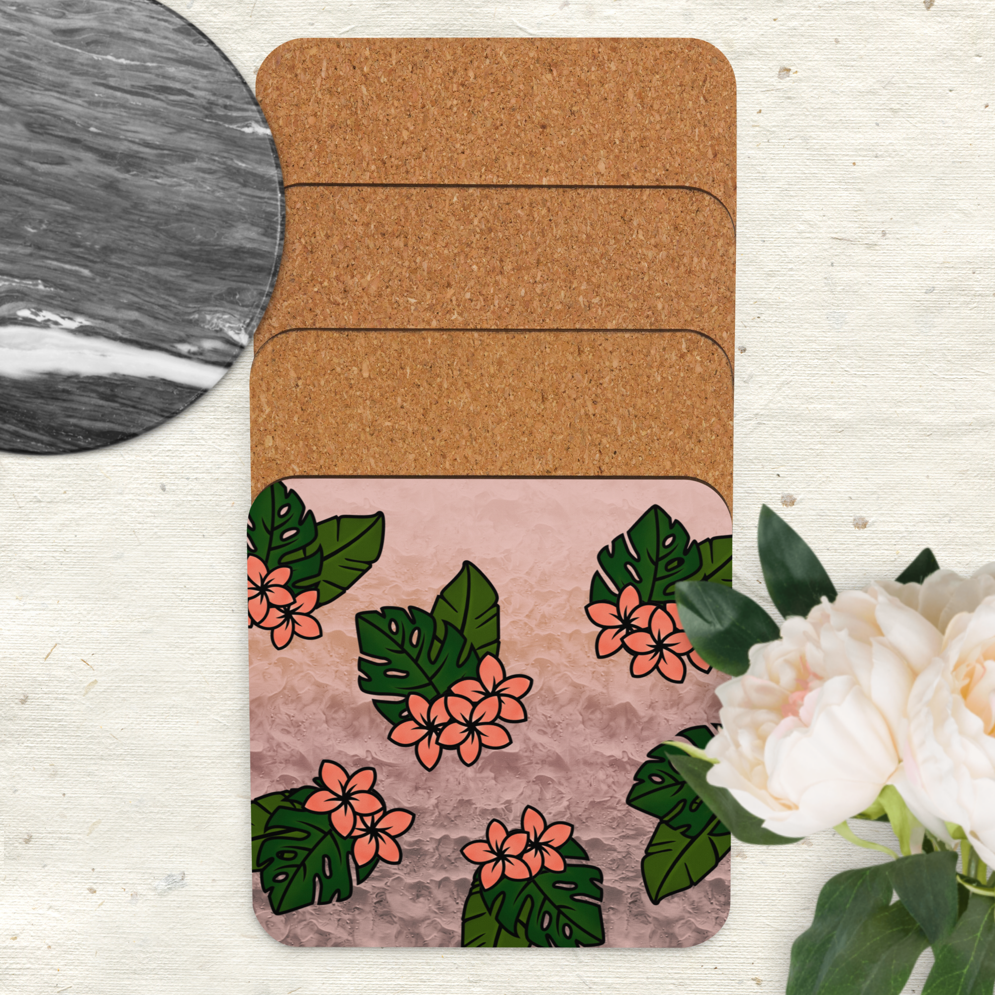 Square Tropical Cork-back Coaster, Coffee Coaster, Protective Drink Pad, Absorbent Coaster, Dining Table, Kitchen Gift