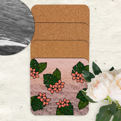 Square Tropical Cork-back Coaster, Coffee Coaster, Protective Drink Pad, Absorbent Coaster, Dining Table, Kitchen Gift